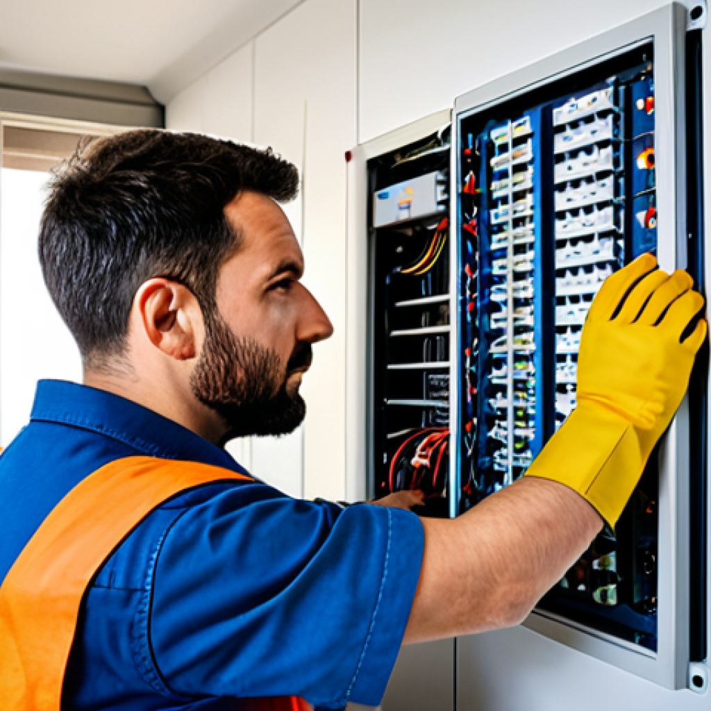 **
"A qualified electrician, fully clothed in appropriate work attire, inspecting an electrical panel in a modern French home. Safe for work, perfect anatomy, correct proportions, professional, family-friendly, well-lit environment, appropriate content, modest clothing. Focus on the electrician's expertise and professionalism."
**