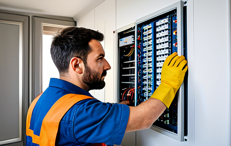 **

"A qualified electrician, fully clothed in appropriate work attire, inspecting an electrical panel in a modern French home. Safe for work, perfect anatomy, correct proportions, professional, family-friendly, well-lit environment, appropriate content, modest clothing. Focus on the electrician's expertise and professionalism."

**