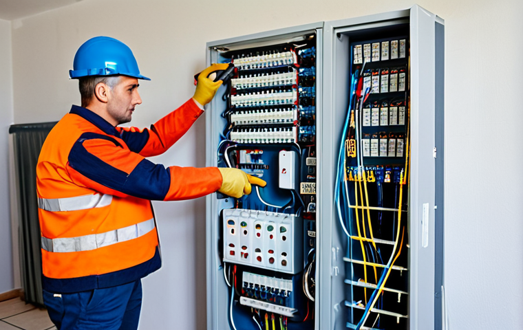 Safe Electrical Work Inspection**
"A qualified electrician, fully clothed in appropriate work attire, carefully inspecting an electrical panel in a well-lit French home. He is using professional tools, focusing on safety and precision. The scene emphasizes meticulousness and adherence to safety standards. Background shows typical French residential electrical setup. Perfect anatomy, correct proportions, professional, safe for work, appropriate content, fully clothed, modest, family-friendly."
**