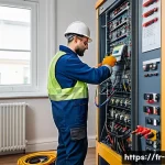 전기기사와 전기 사고 예방 사례 - A professional electrician wearing complete personal protective equipment (PPE) including insulated ...