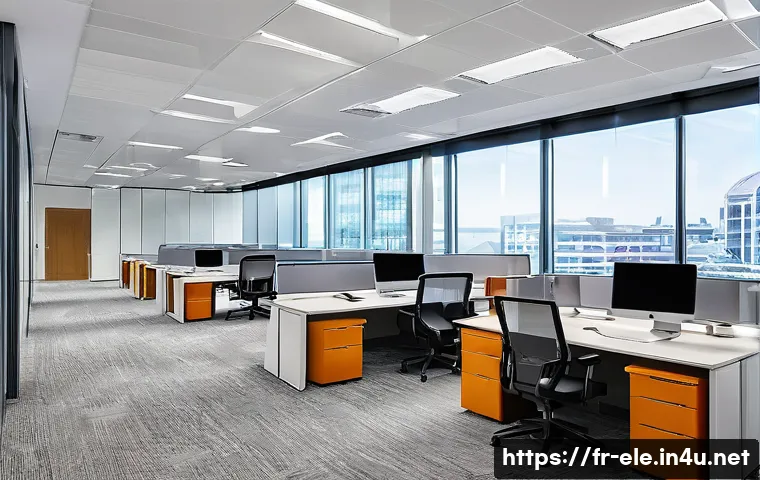 전기공사기사와 LED 조명 설계 사례 - A modern office open space illuminated by full-spectrum LED panels with integrated motion sensors, s...