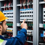 전기분야에서 자격증의 국제적 유효성 - A professional electrician in a modern European industrial setting, wearing certified safety gear an...