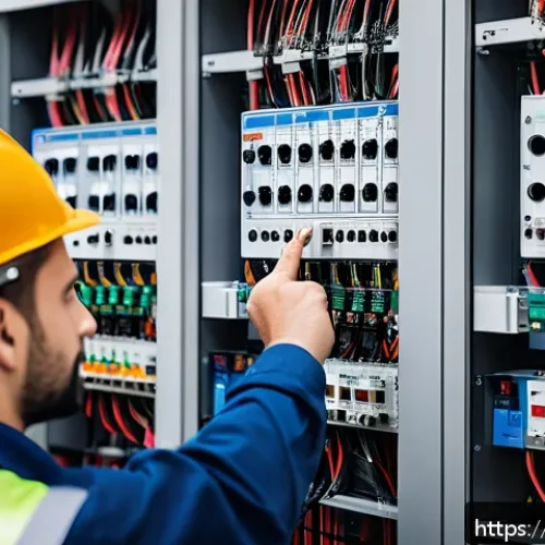 전기분야에서 자격증의 국제적 유효성 - A professional electrician in a modern European industrial setting, wearing certified safety gear an...