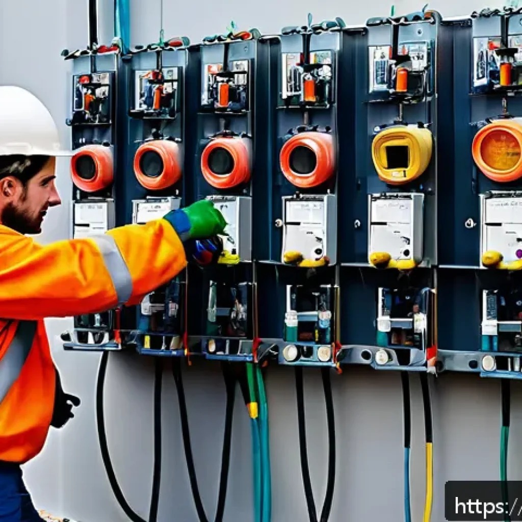 전기기사와 현장 안전관리 사례 - A detailed construction site scene showing workers in certified safety gear including insulated glov...