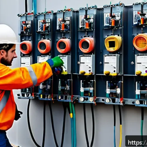 전기기사와 현장 안전관리 사례 - A detailed construction site scene showing workers in certified safety gear including insulated glov...