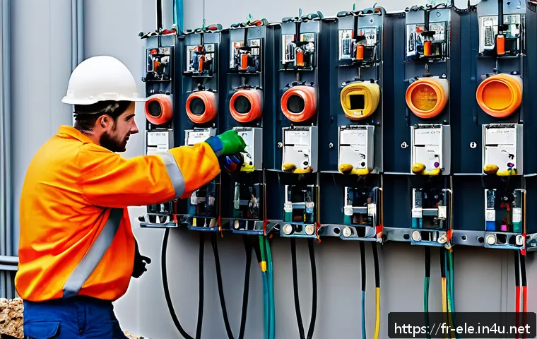 전기기사와 현장 안전관리 사례 - A detailed construction site scene showing workers in certified safety gear including insulated glov...